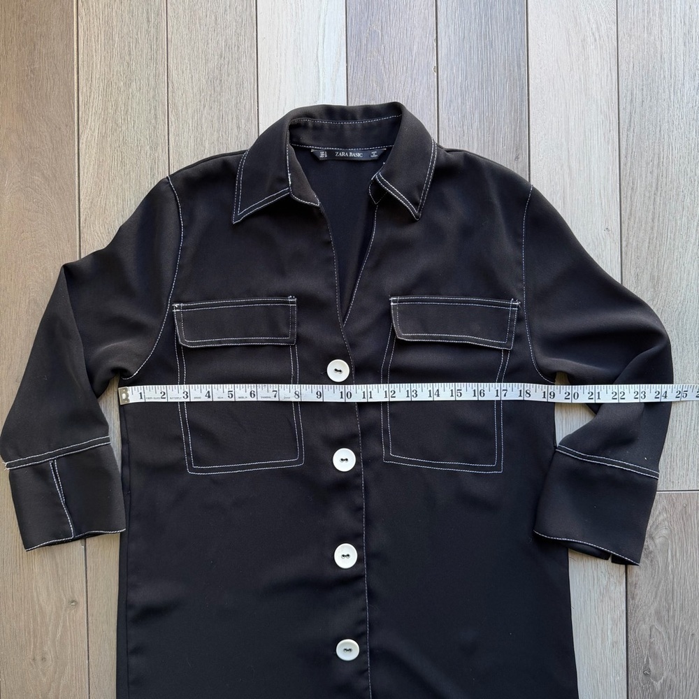 Zara Black Shirt Dress Contrast White Stitching Pockets | Size: Small - Picture 3 of 5